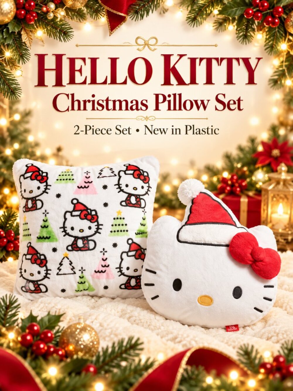 Hello Kitty Christmas Pillow Set 2pc Santa Head & Holiday Square New